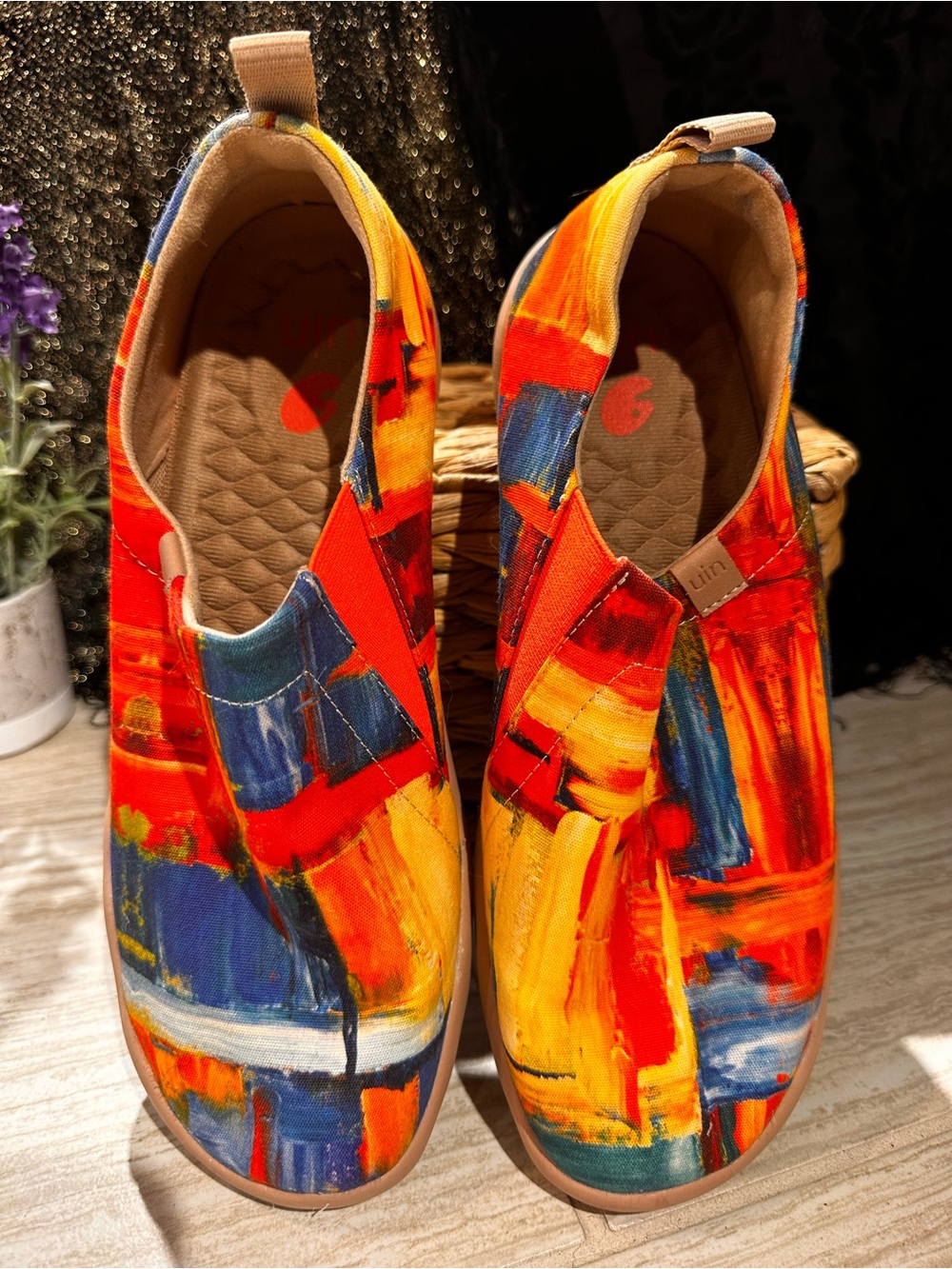 UIN Women's Slip-On Sneakers in Red, Yellow & Blue Abstract Print